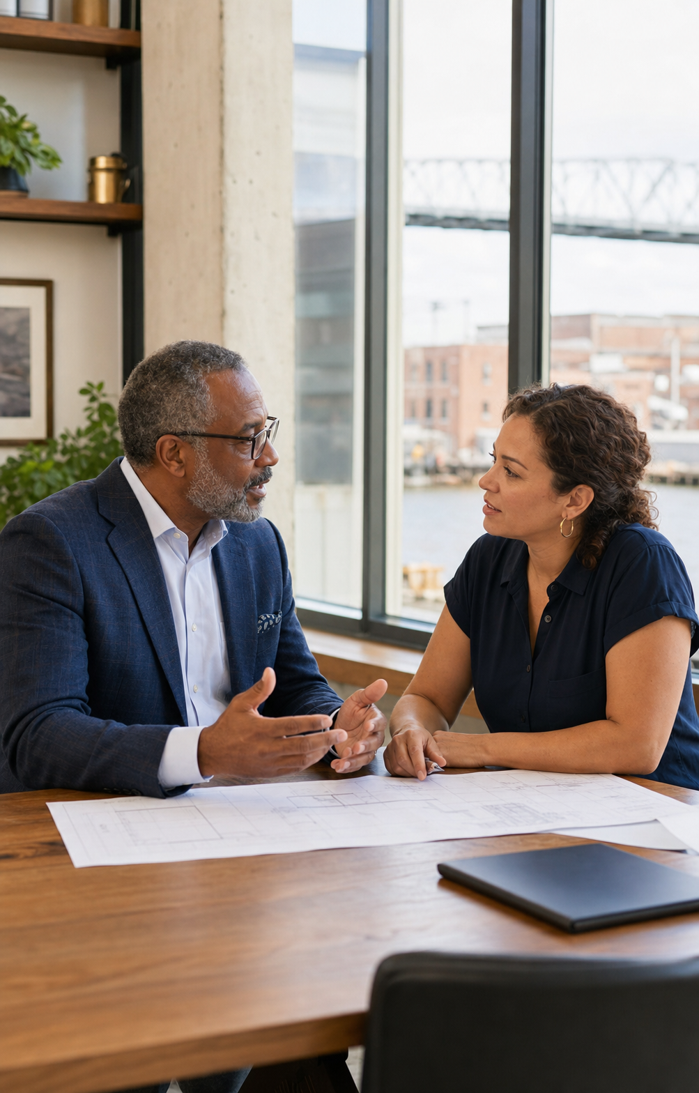 An OnTheRiver business banker reviewing plans with a client at a desk overlooking the river.