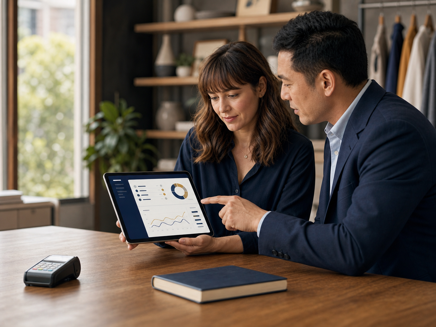 An OnTheRiver banker reviewing an account dashboard on a tablet with a client at a desk.